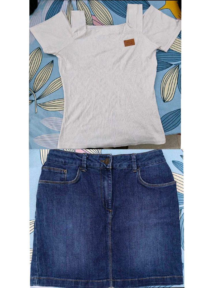 Cute Off-Shoulder T-Shirt &amp; Denim Skirt Set