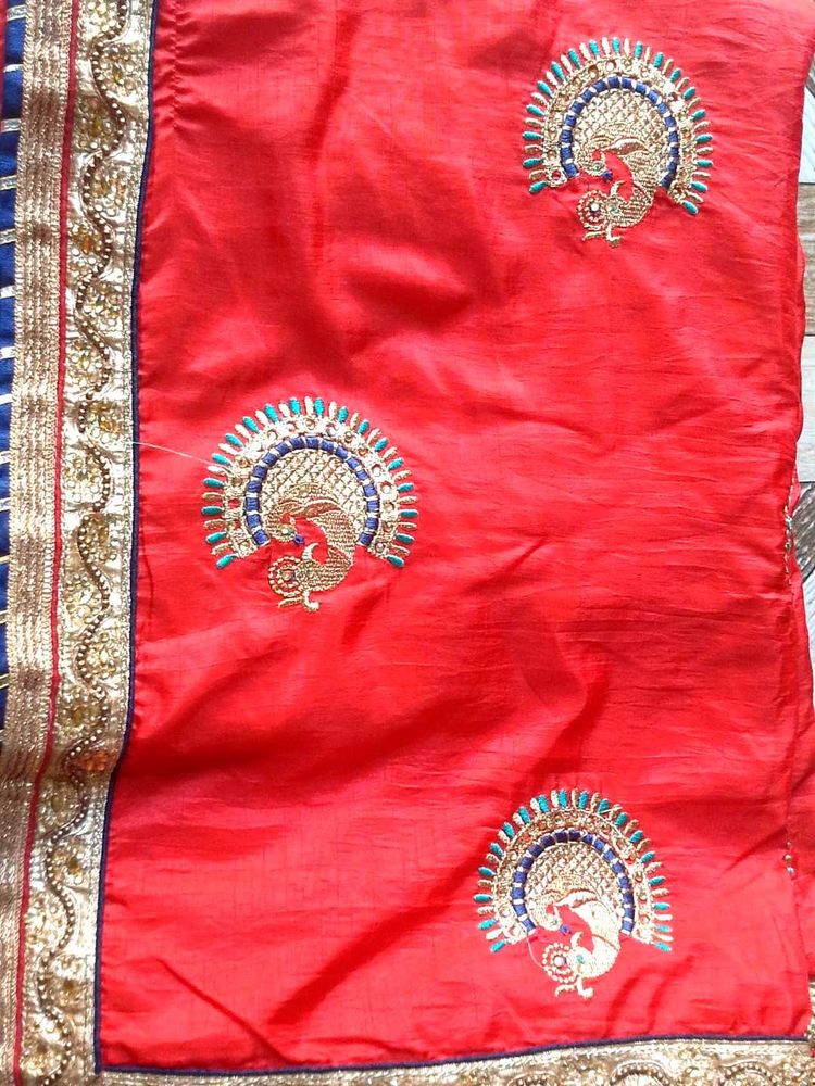 Red Saree with Peacock Embroidery