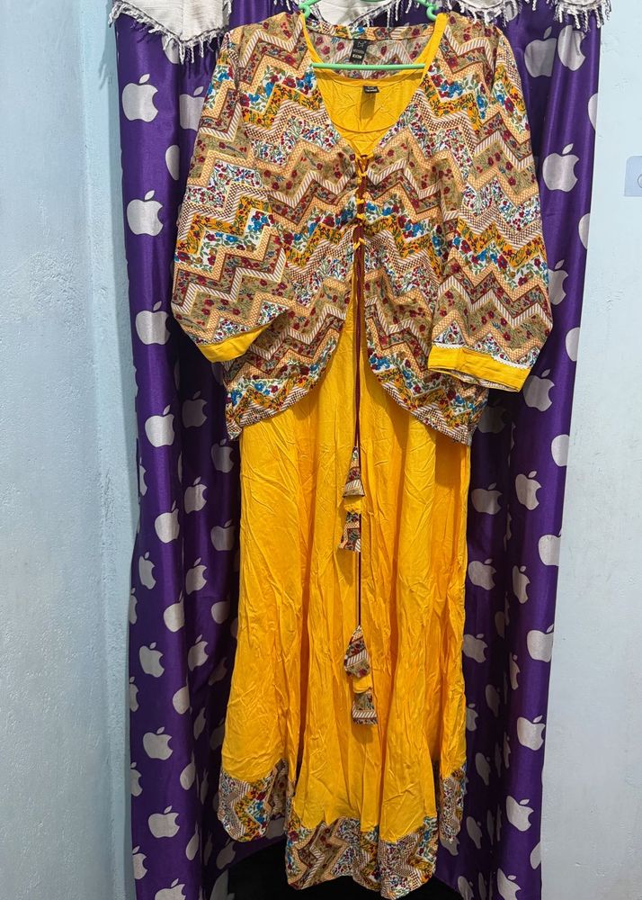 Yellow Kurta Set with Printed Jacket