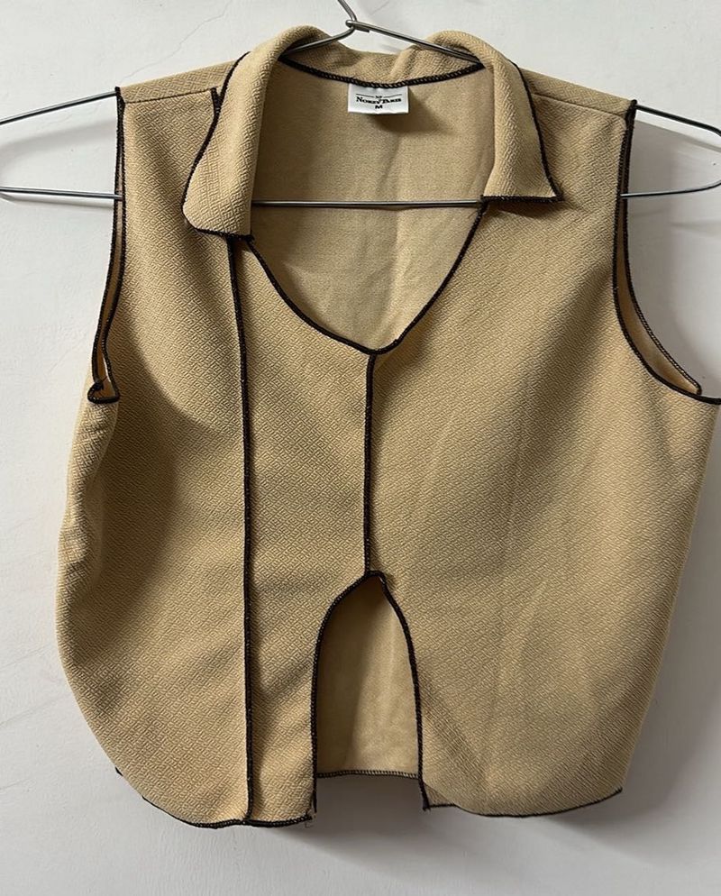 Beige Sleeveless Collared Top