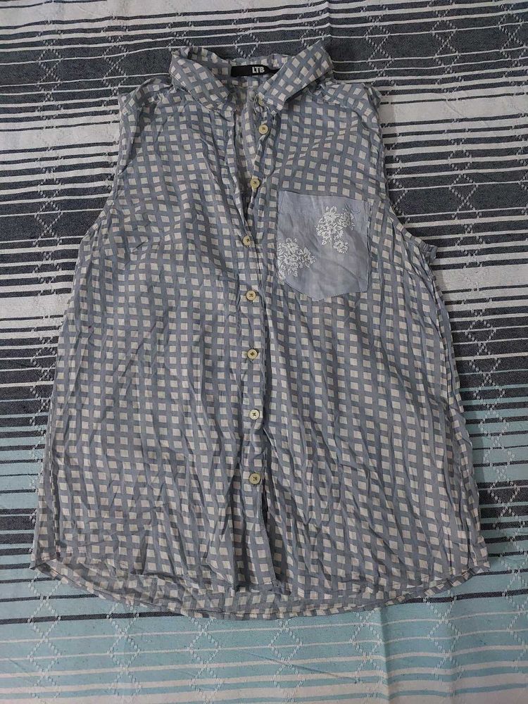Light Blue Checkered Sleeveless Shirt