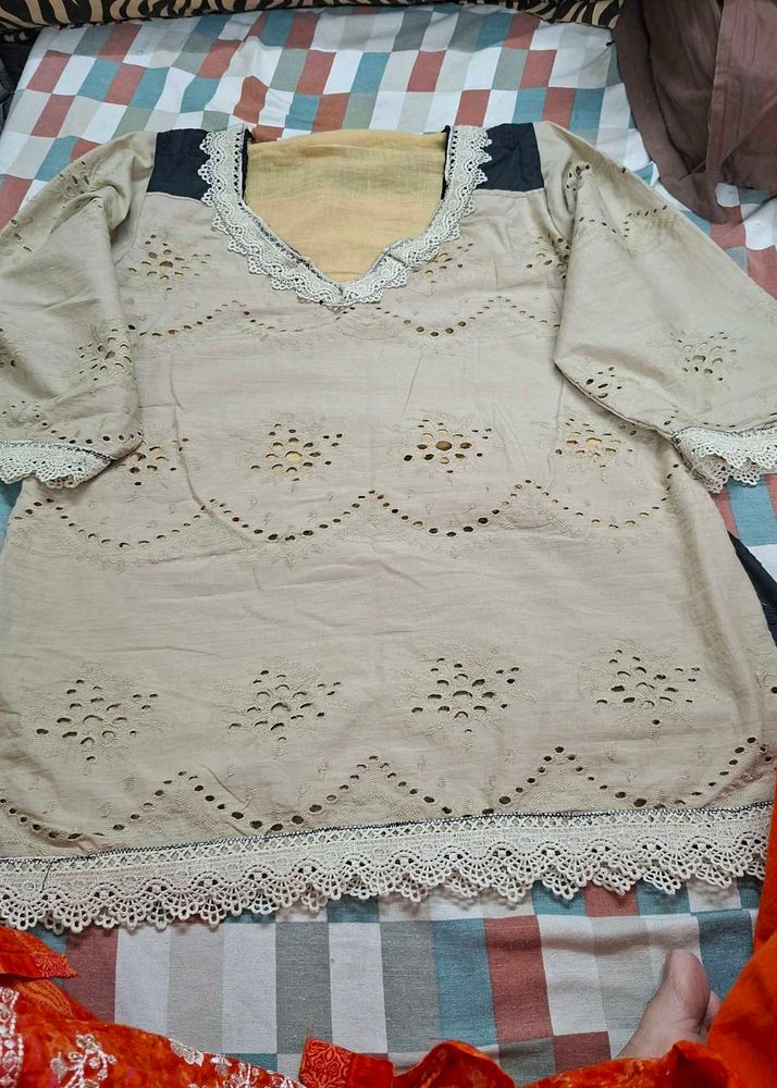 Embroidered Beige Cotton Kurta