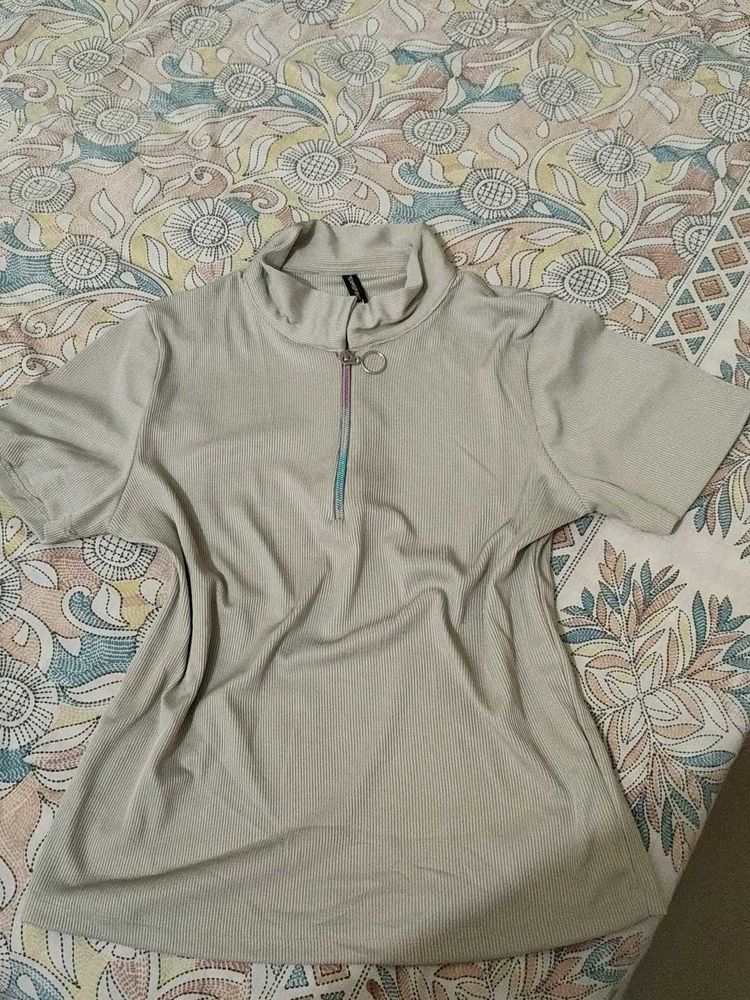 Beige Ribbed Zip-Up Mock Neck Top