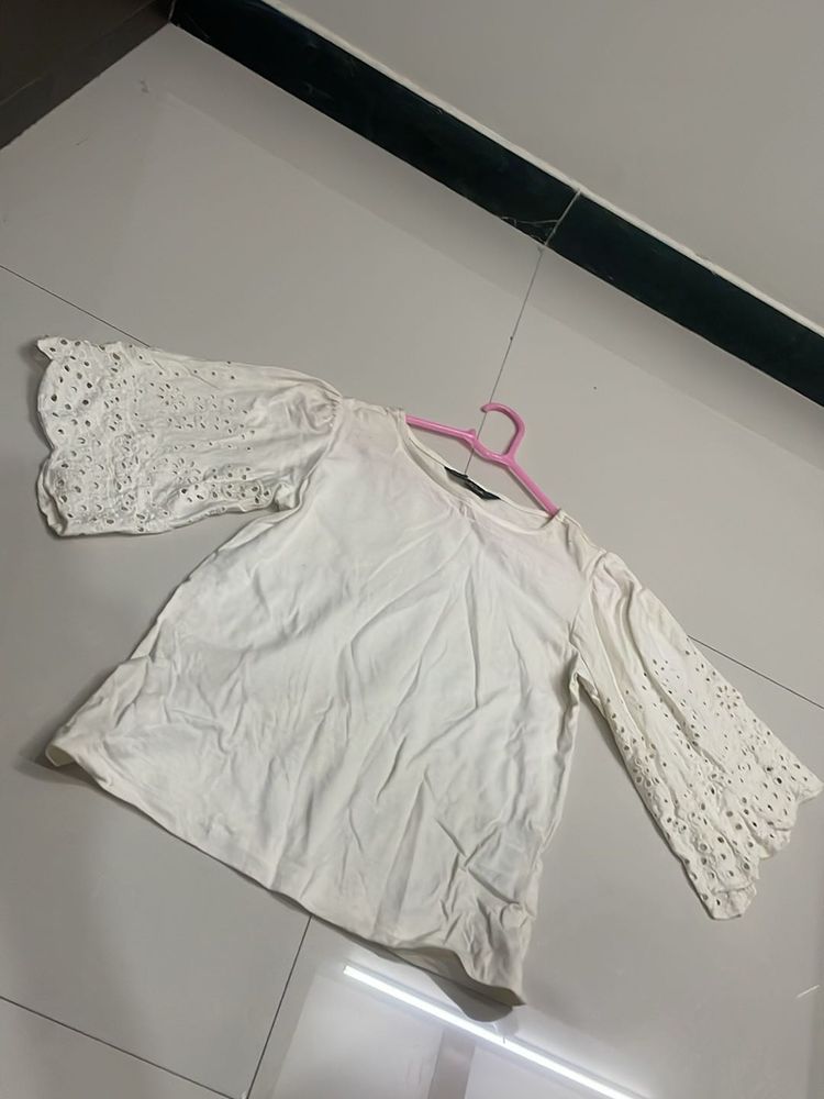 Chic White Broderie Anglaise Sleeve Top