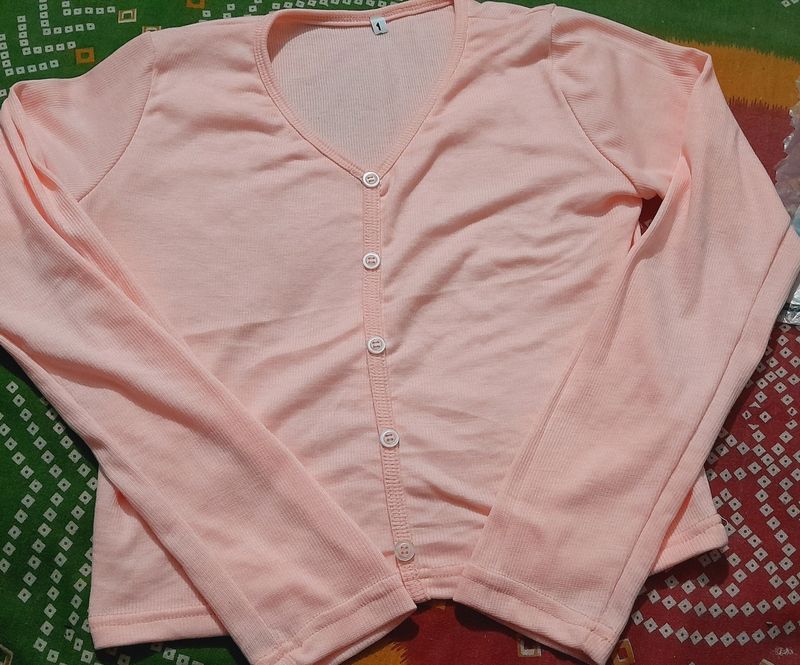 V Neck Button Full Sleeve Top Peach
