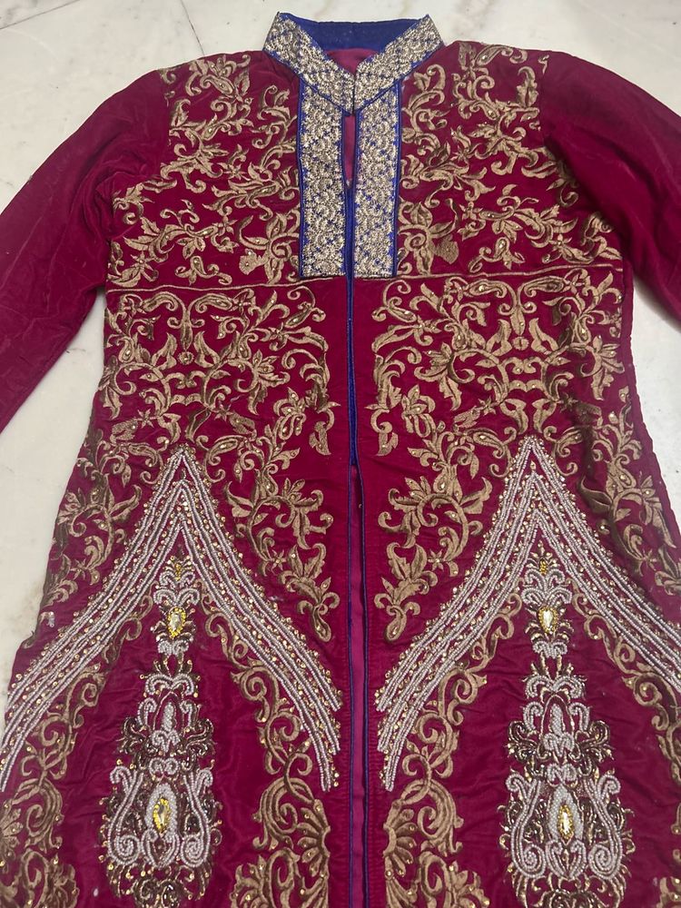 Maroon Velvet Gold Embroidered Ethnic Kurti