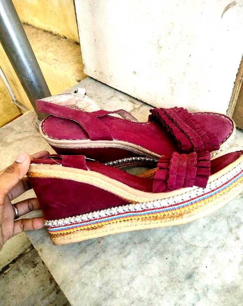 Maroon Wedge Sandals with Ruffle Detail