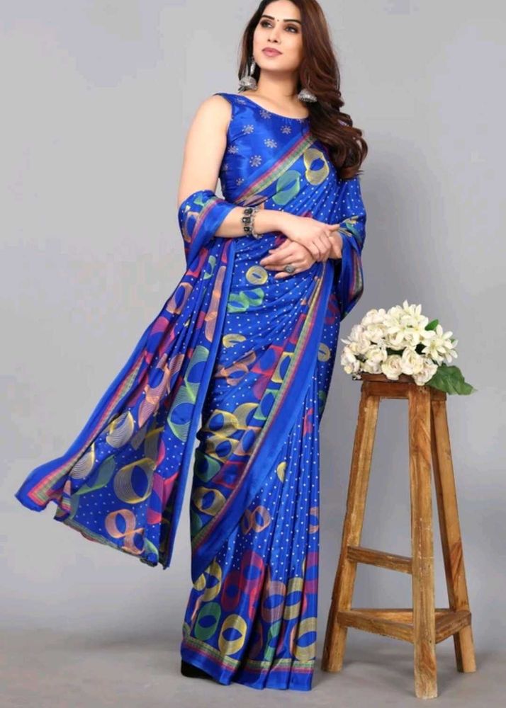 Vibrant Blue Printed creep Saree