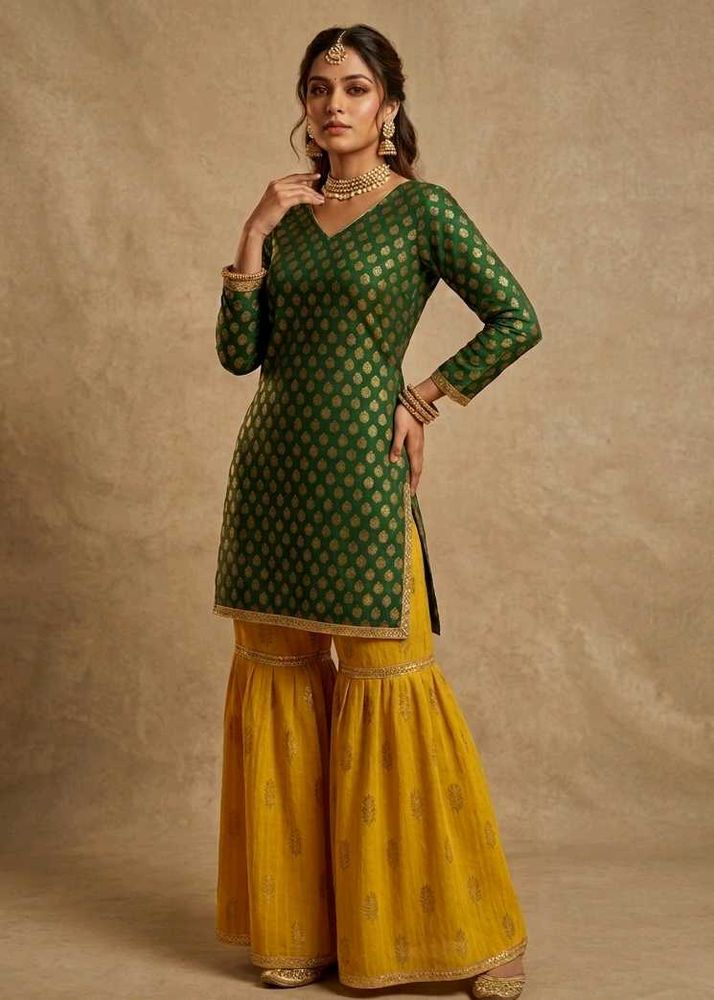 Green Kurta Set with Yellow Sharara Pants