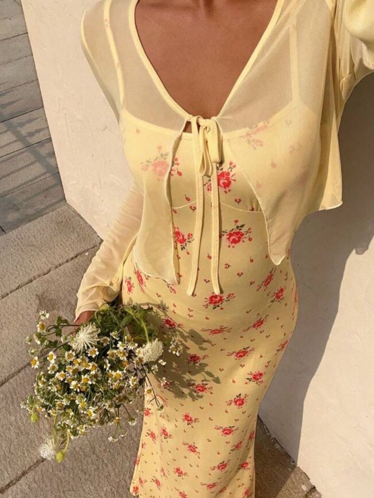 Cute Floral Yellow Maxi Dress