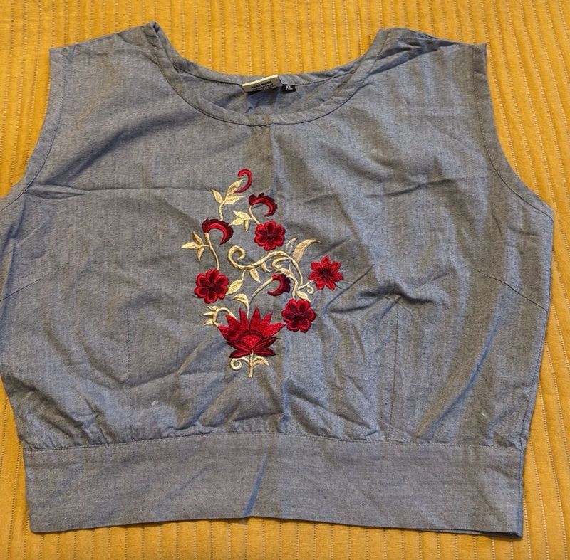Embroidered Sleeveless Blue Blouse