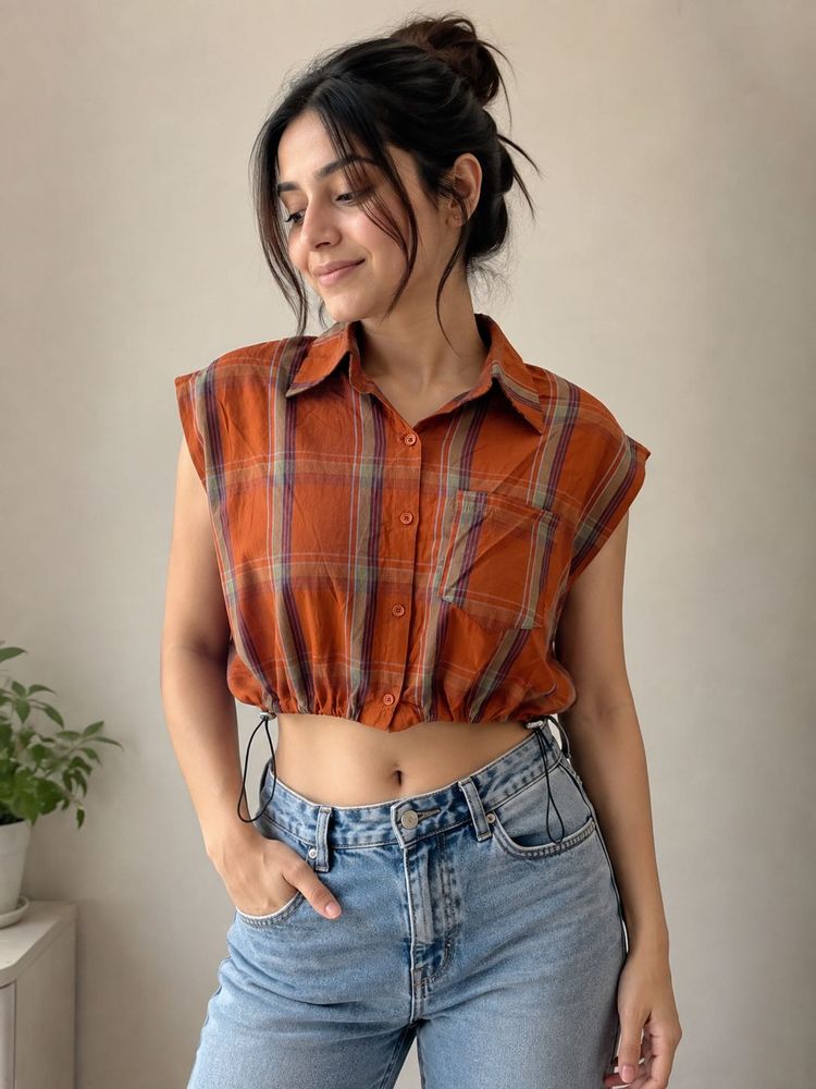 Orange Plaid Cropped Shirt