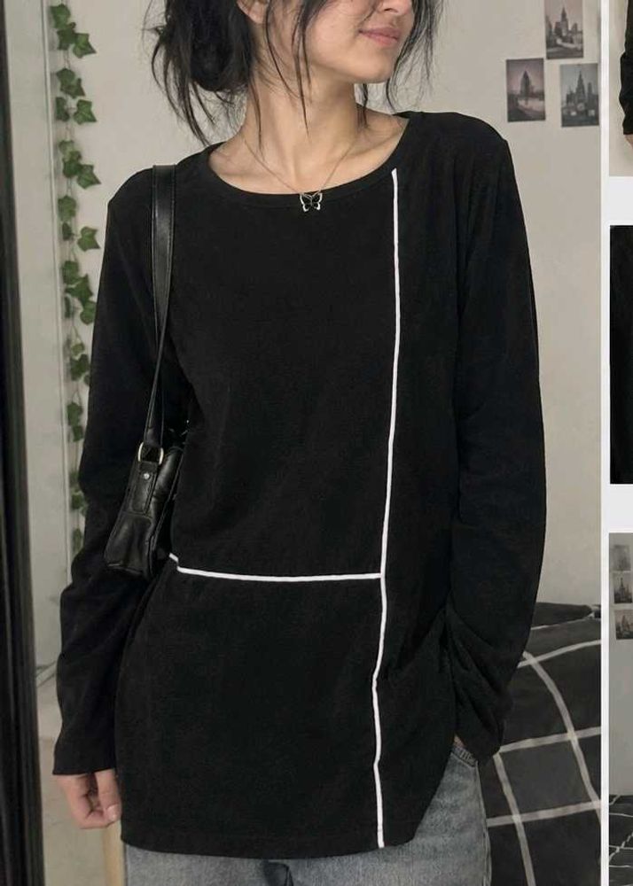 Black Long Sleeve Top with White Piping