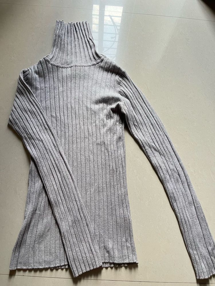 Women's Grey Ribbed Turtleneck Sweater
