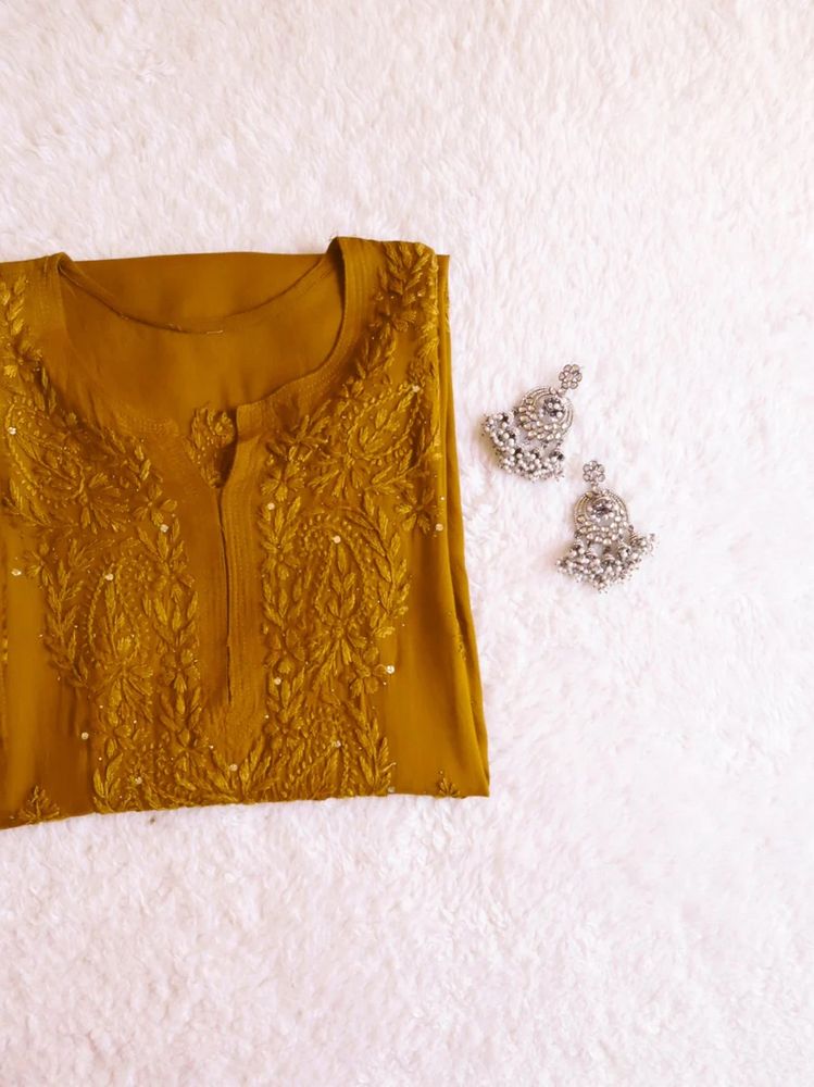 GOLDEN BROWN CHIKANKARI LONG KURTA
