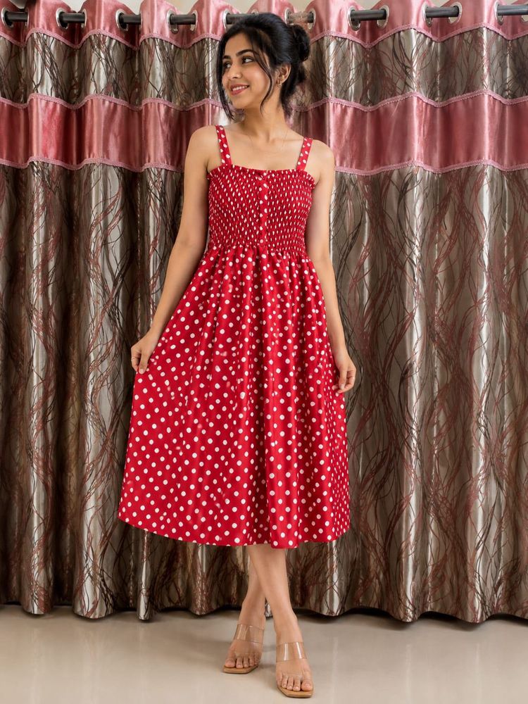 Red Polka Dot Smocked Midi Dress