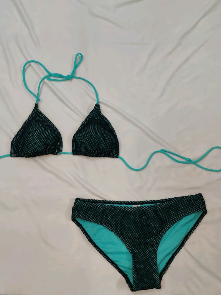 No Boundaries Black And Teal Fishnet Bikini Set