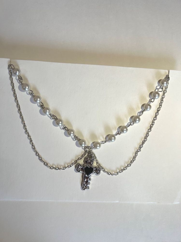 HANDMADE Silver Pearl Necklace with Cross Pendant