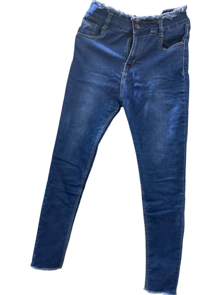 Blue Denim Jeans with Raw Hem