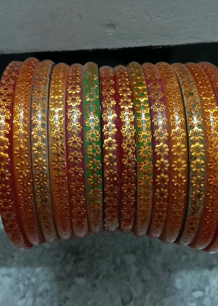 Colorful Glass Bangles with Gold Floral Design