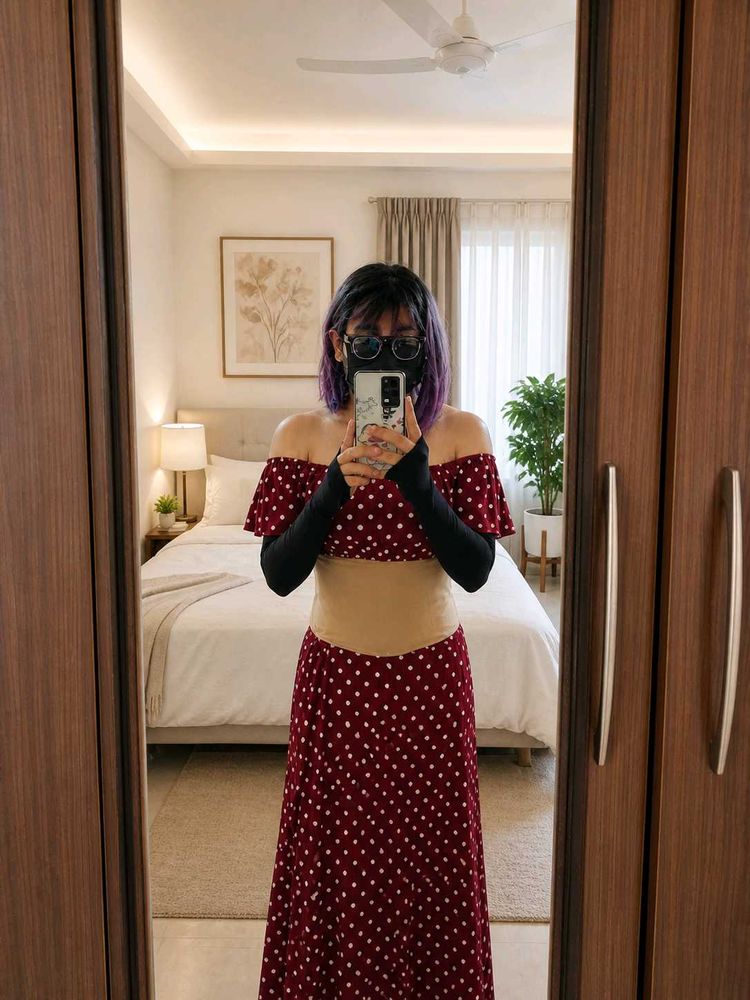 Red Polka Dot Co-ord Set with Slit skirt
