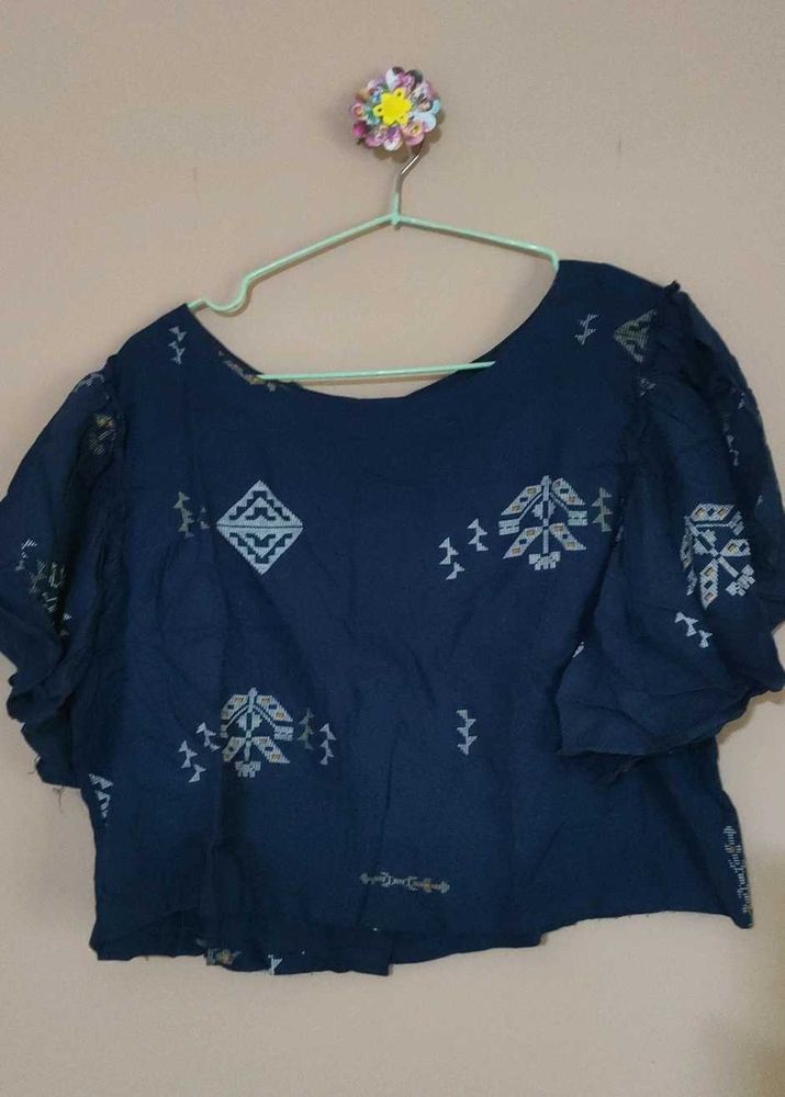Navy Blue Ethnic Print Blouse