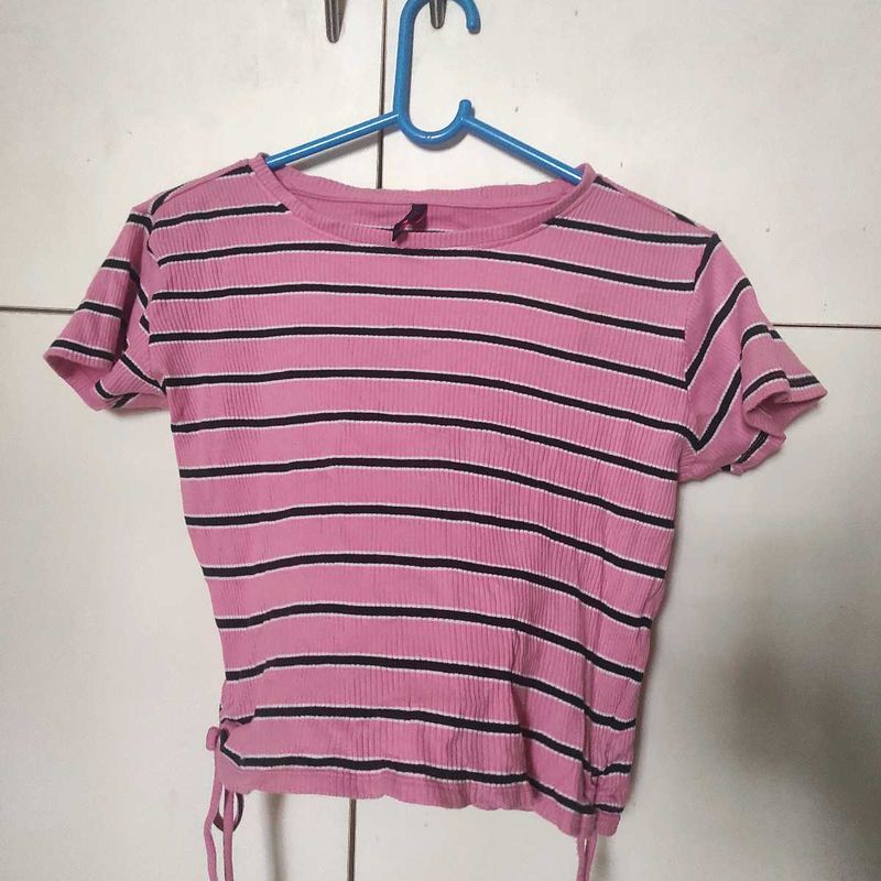 Pink Striped Cropped T-Shirt