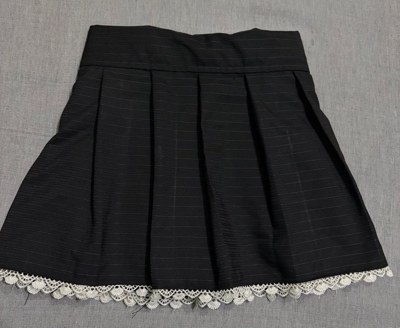 Black Pleated Skirt with Lace Trim