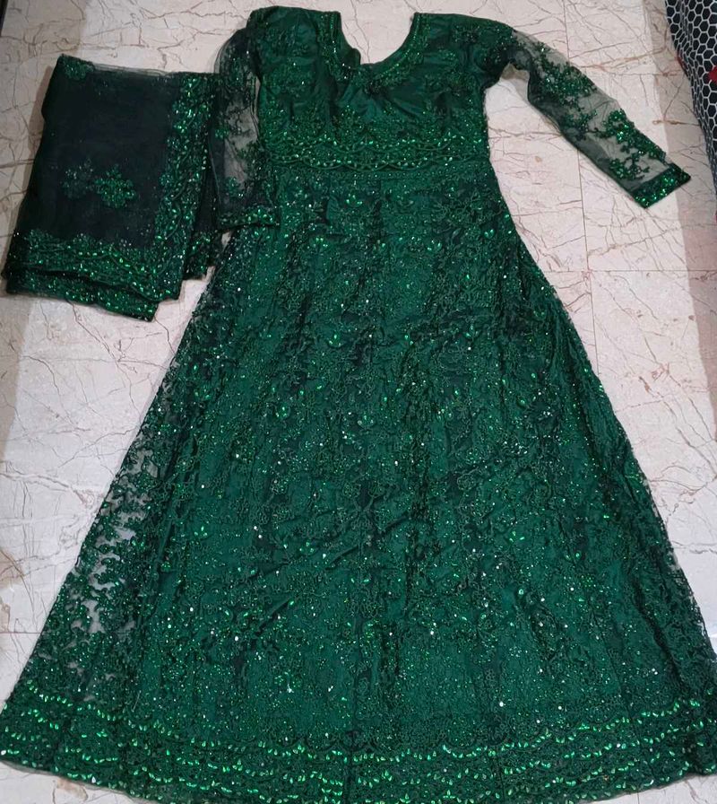 Emerald Green Sequined Gown with Dupatta