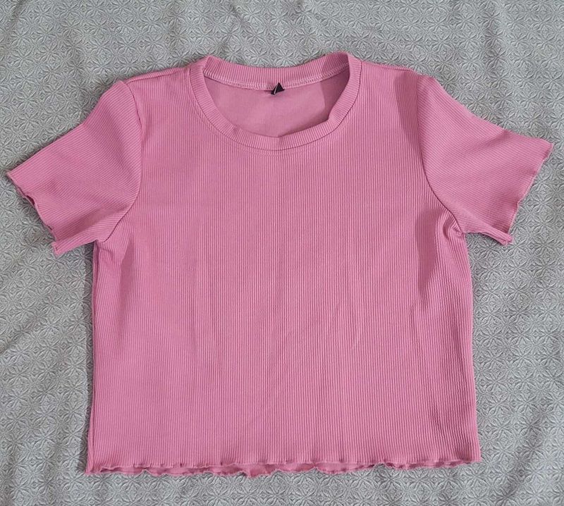 Pink Ribbed Lettuce Hem Crop Top