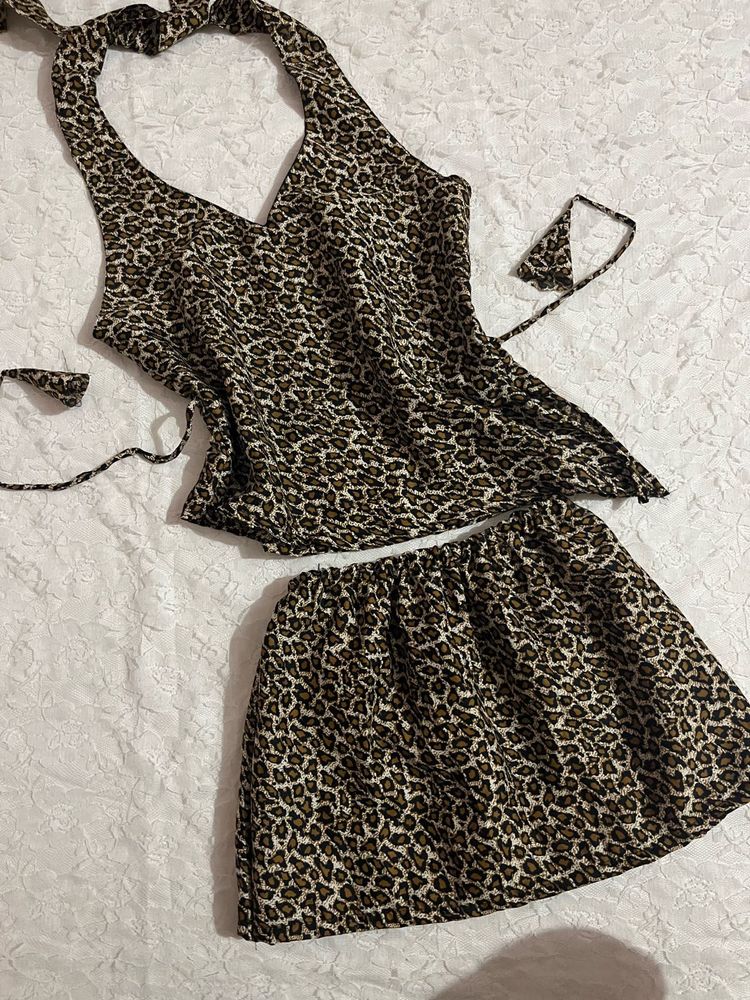 Leopard Print Halter Top &amp; Skirt Set
