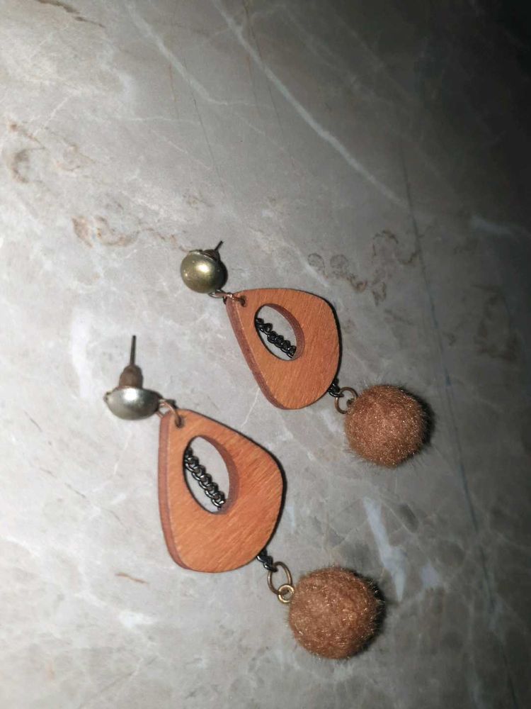 Wooden Teardrop Earrings with Pom Poms
