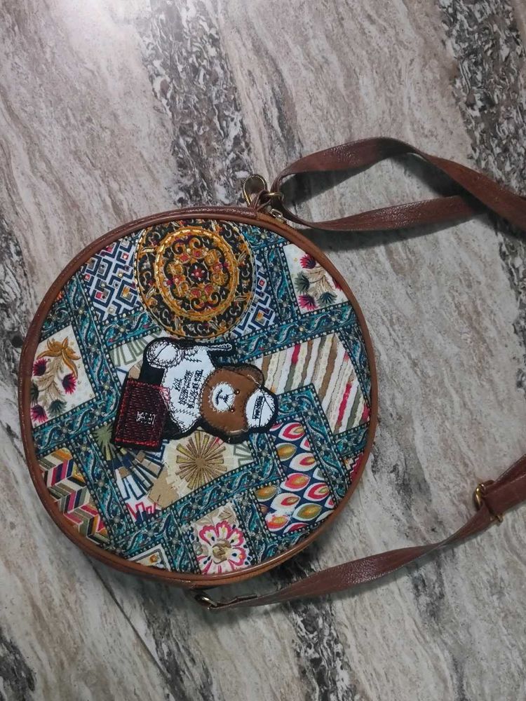 Round Boho Sling Bag with Teddy Bear Patch