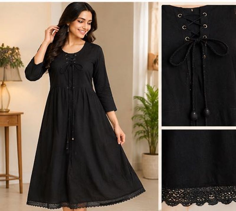 Elegant Black Lace Trimmed Midi Dress