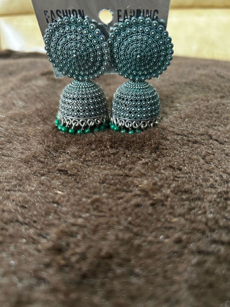 Oxidized Jhumka Earrings with Green Beads