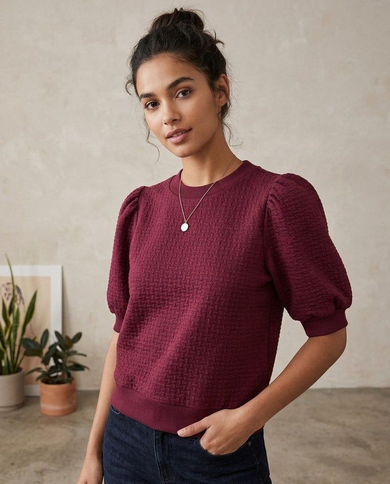 Burgundy Textured Puff Sleeve Top