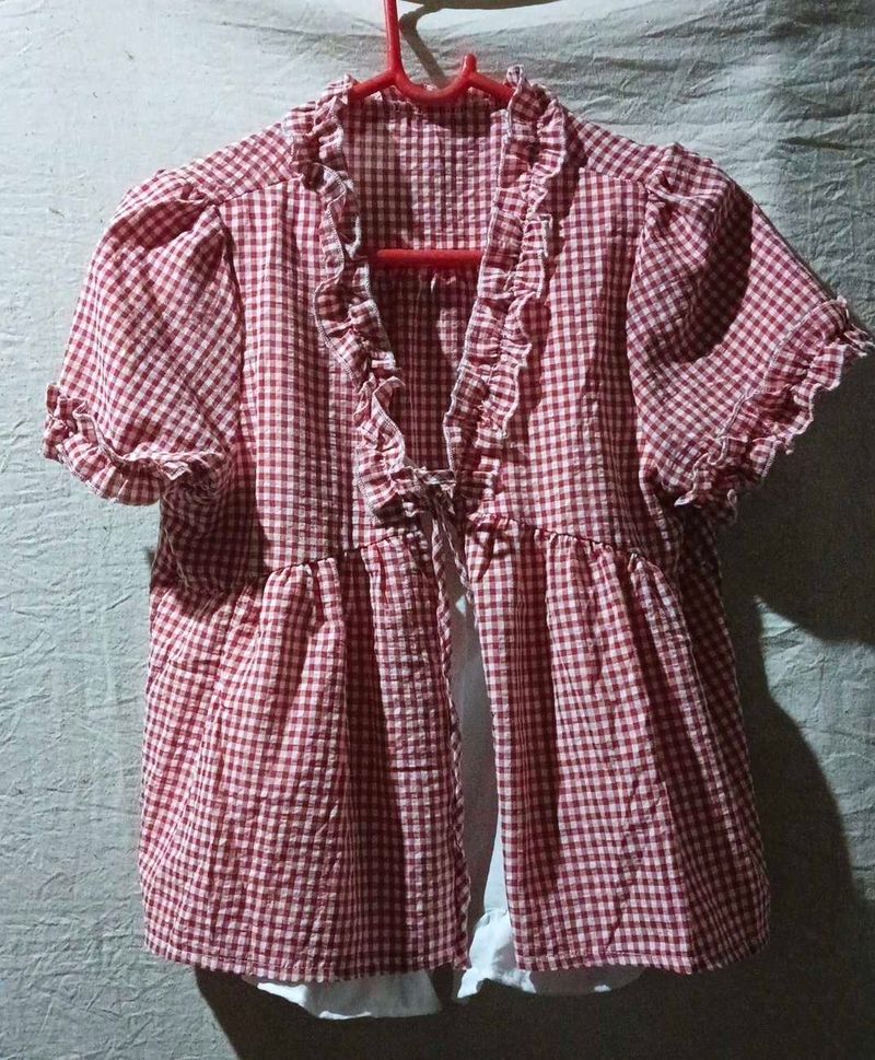 Red Gingham Ruffled Kurta