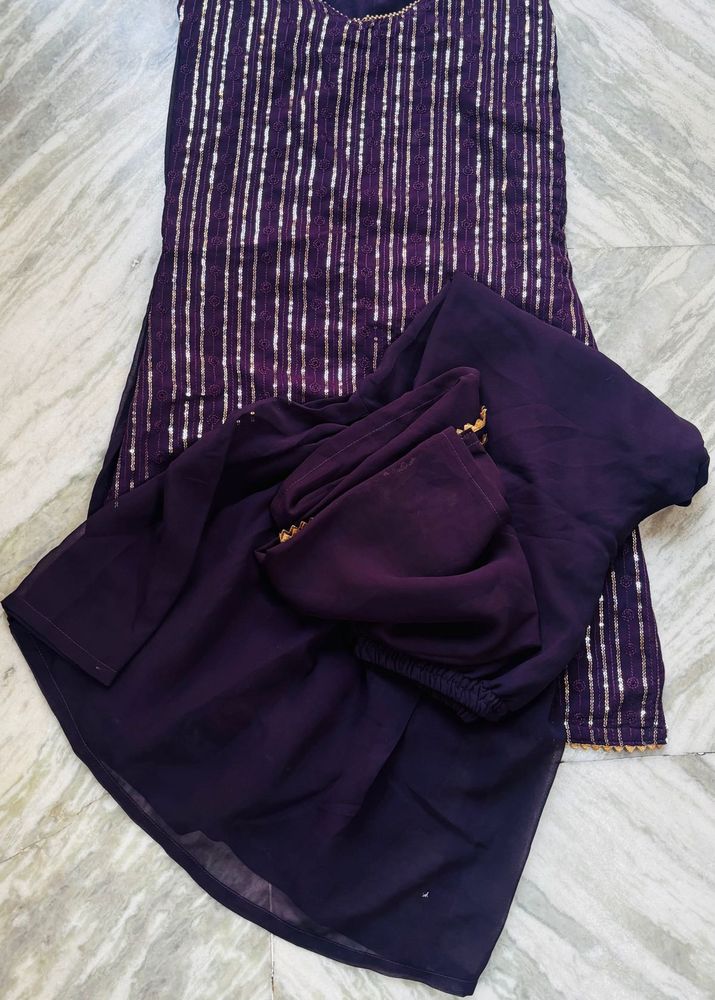 Elegant Purple Kurta Set with Silver Stripes