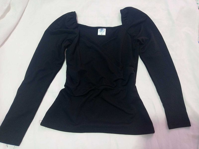 Black Puff Sleeve Square Neck Top