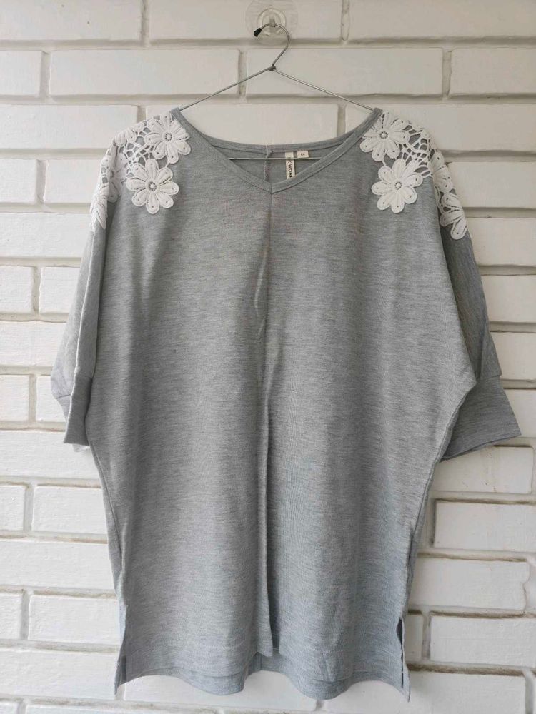 Imported Grey Top with Lace Flower Detail