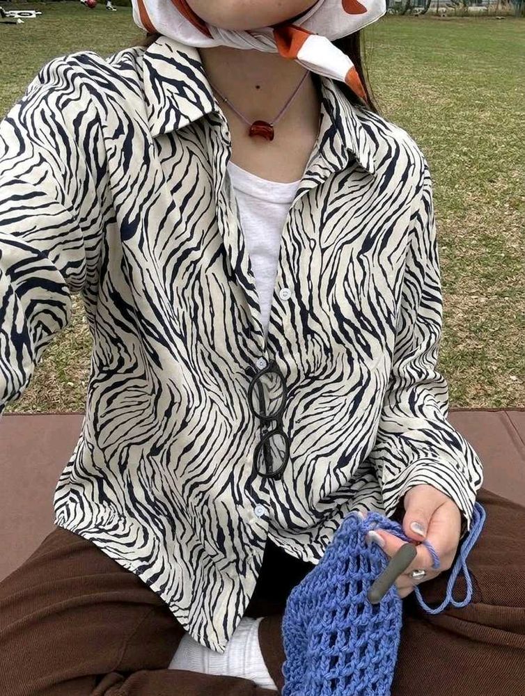 Korean Pintrest Stylish Zebra Print Button-Up Shir