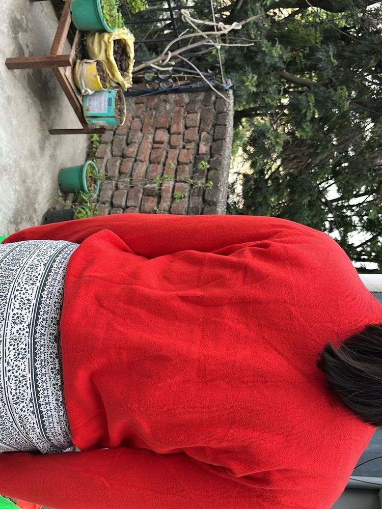 Red Sweater with Patterned Bottom