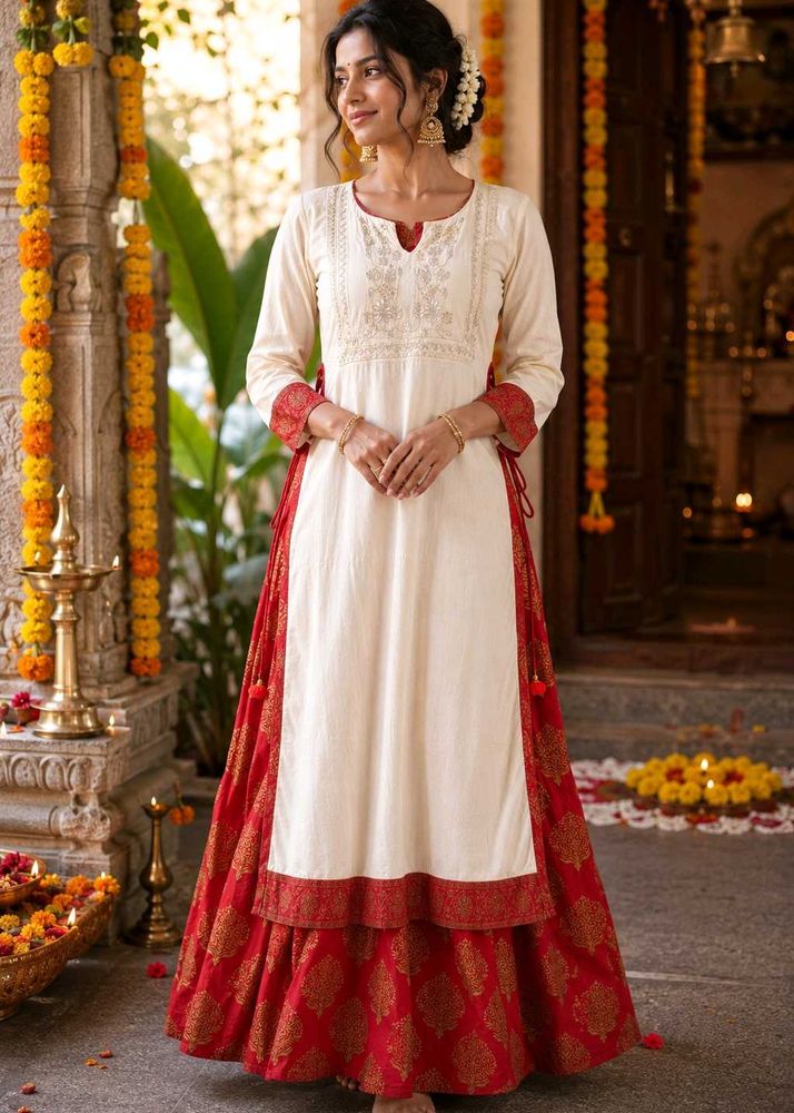 Elegant Cream Kurta with Red joint Skirt