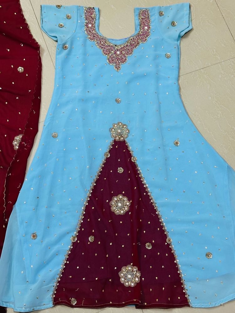 Sky Blue &amp; Burgundy Embellished Aline Suit