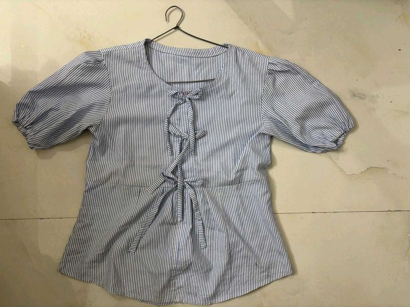 blue stripes korean bow top