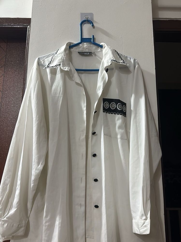 White Button-Up Tunic with Black Embroidery