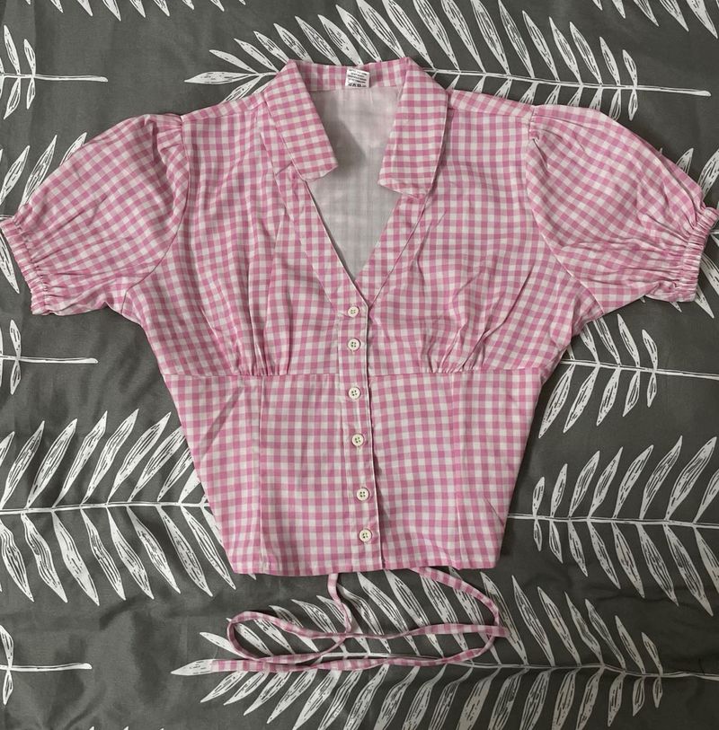 Pink Gingham Puff Sleeve Top
