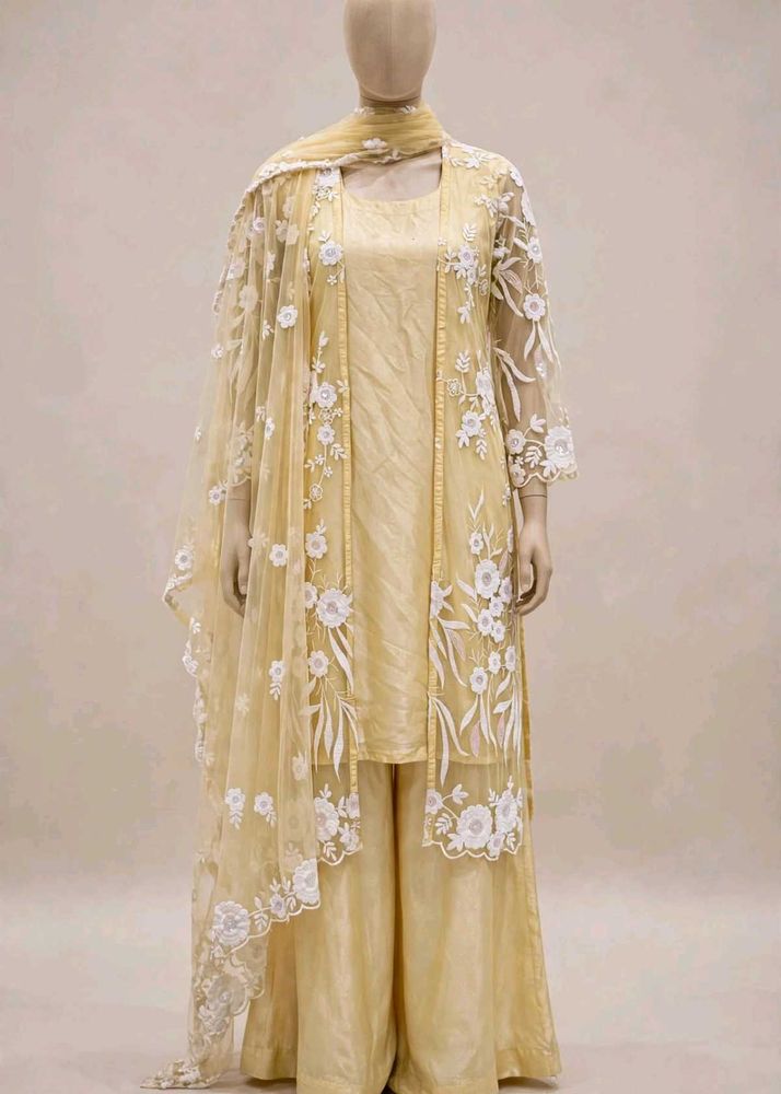 Pastel Yellow Floral Embroidered Long Kurti with L