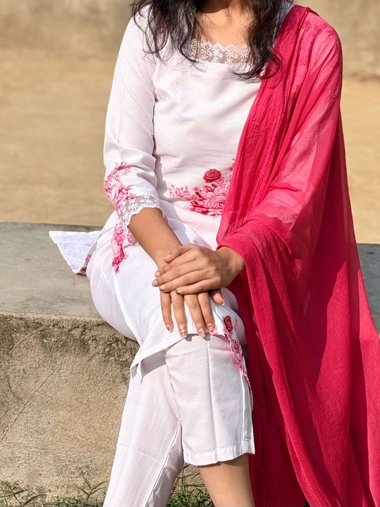 White Kurta Set with Pink Dupatta