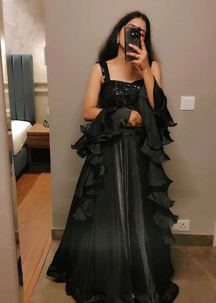 black lehnga with frill dupatta